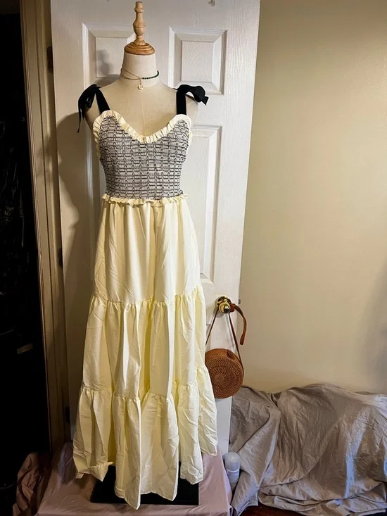 Amazon Smocked Tiered Ruffle Tie Shoulder Festival Cottagecore Peasant Dress S - Picture 3 of 11